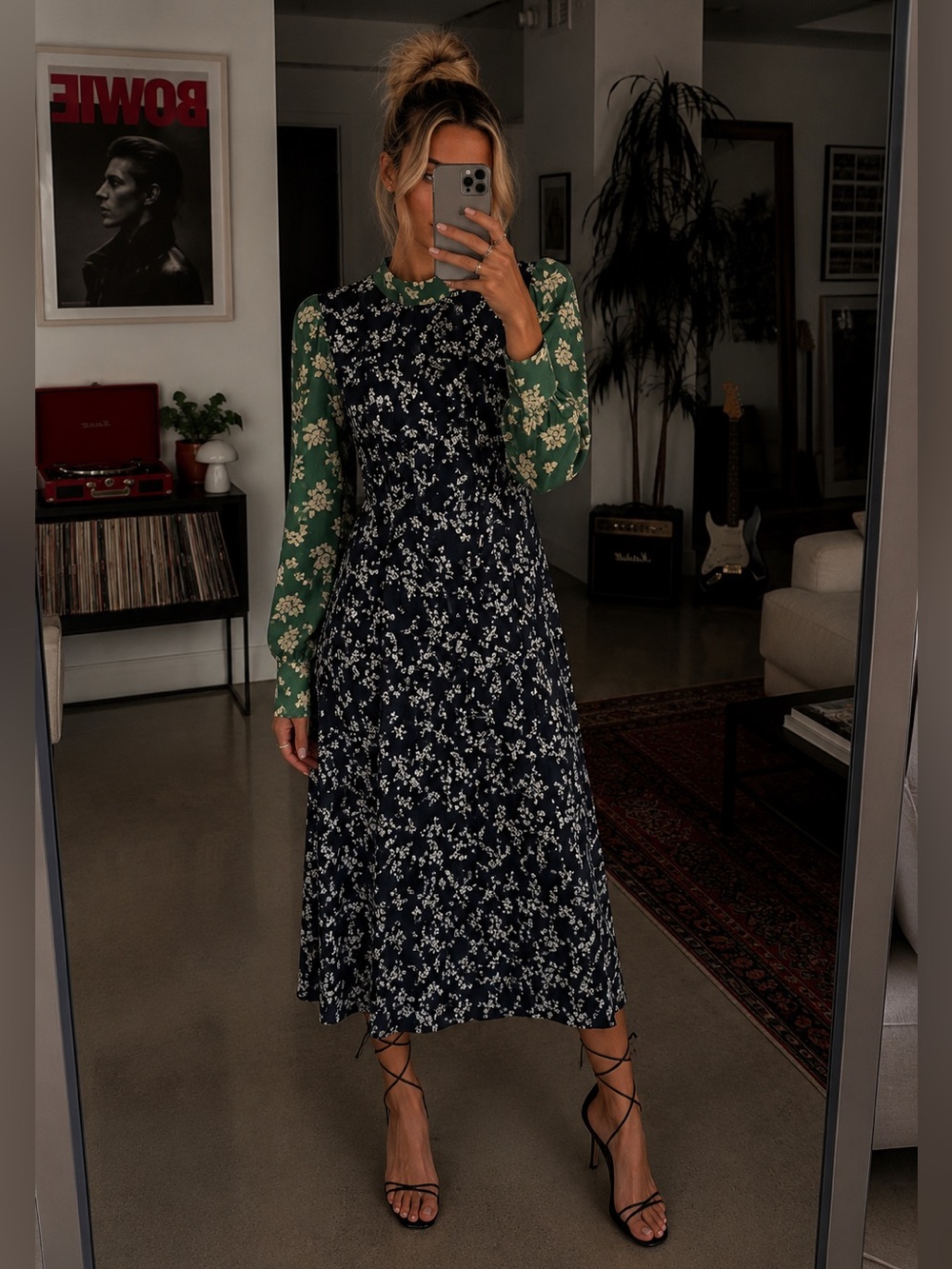 Kachel X Anthropologie Floral Tie Neck Midi Dress Green Black Womens Size 4 EUC